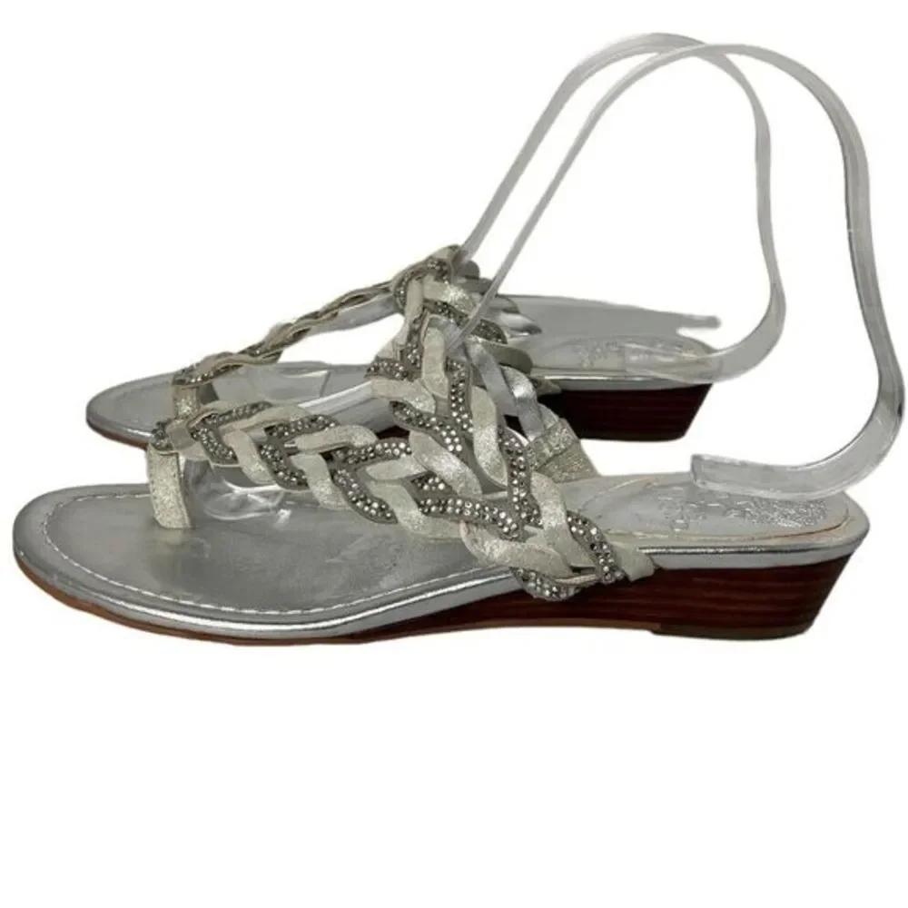 Vince Camuto Womens Silver Rhinestone Braided Wedge Thong Sandals Size‎ 6.5